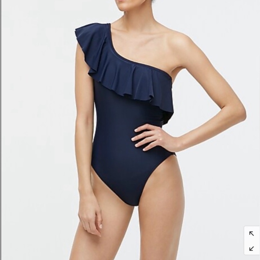 J.CREW Ruffle One Shoulder One Piece Swimsuit Navy Blue Built In Shelf Bra Beach